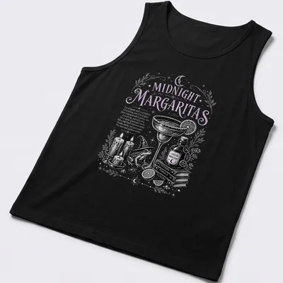 Vintage illustration of a margarita with whimsical elements like candles and a frog. — printed on a tank top