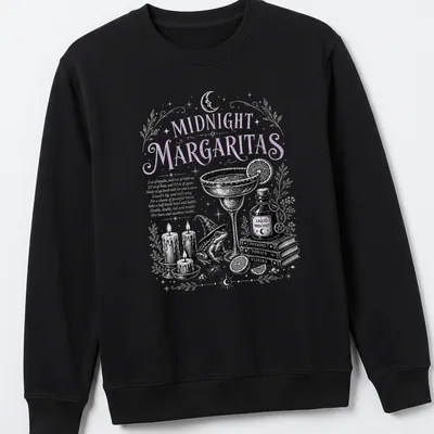 Vintage illustration of a margarita with whimsical elements like candles and a frog. — printed on a unisex sweatshirt