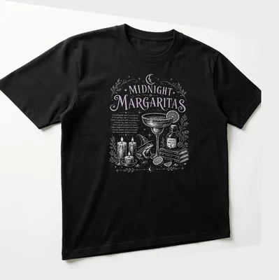 Vintage illustration of a margarita with whimsical elements like candles and a frog. — printed on a unisex t-shirt (angled view)