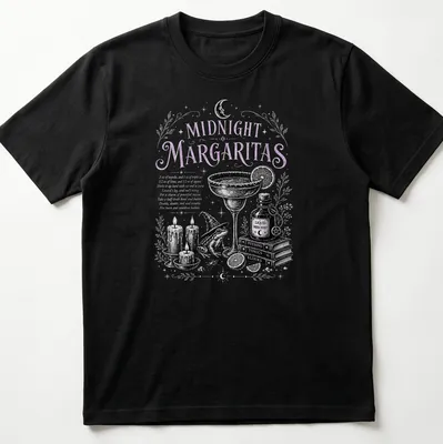 Vintage illustration of a margarita with whimsical elements like candles and a frog.