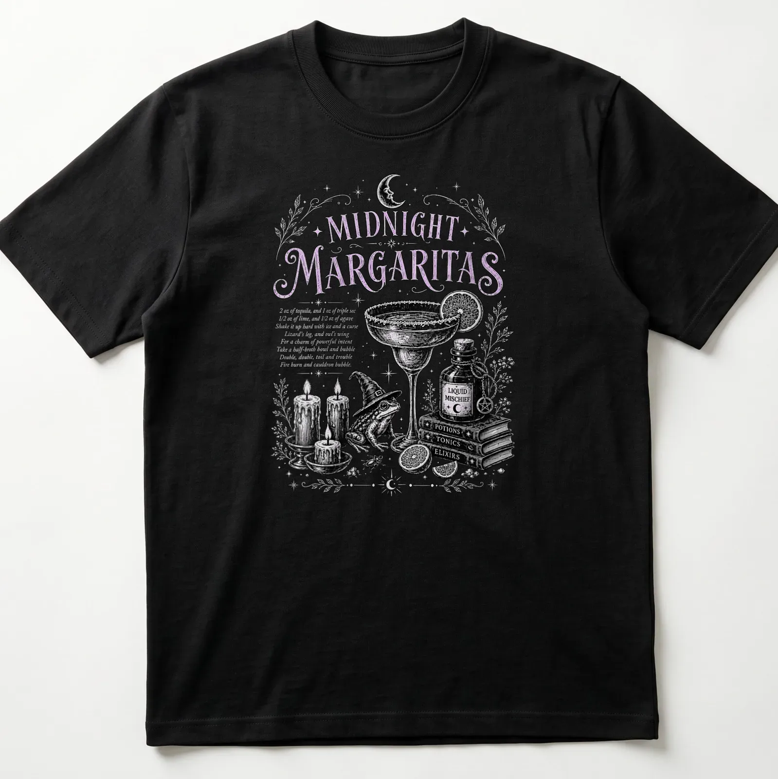 Vintage illustration of a margarita with whimsical elements like candles and a frog. — printed on a unisex t-shirt