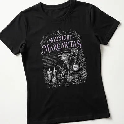 Vintage illustration of a margarita with whimsical elements like candles and a frog. — printed on a women's shirt