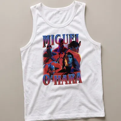Dynamic comic art featuring Miguel O'Hara and Spiderverse characters in red, blue, black and white. — printed on a tank top