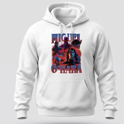 Dynamic comic art featuring Miguel O'Hara and Spiderverse characters in red, blue, black and white. — printed on a unisex hoodie