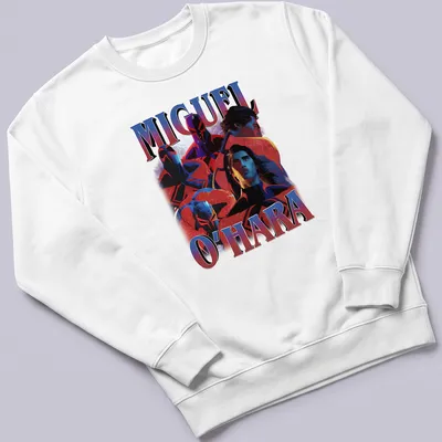 Dynamic comic art featuring Miguel O'Hara and Spiderverse characters in red, blue, black and white. — printed on a unisex sweatshirt
