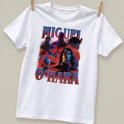 Dynamic comic art featuring Miguel O'Hara and Spiderverse characters in red, blue, black and white.