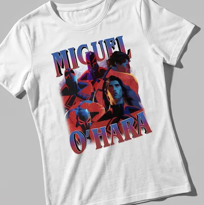 Dynamic comic art featuring Miguel O'Hara and Spiderverse characters in red, blue, black and white. — printed on a women's shirt