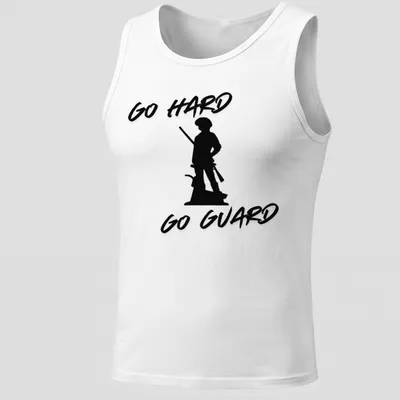 Bold script of 'Go Hard Go Guard' with military guard silhouette design — printed on a tank top