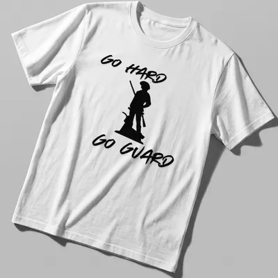 Bold script of 'Go Hard Go Guard' with military guard silhouette design