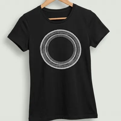 Minimalist design featuring concentric rings in black and white — printed on a women's shirt