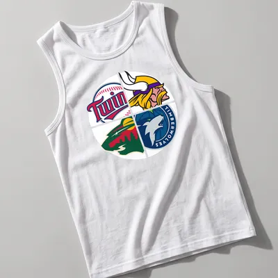 Vector graphic t-shirt displaying Minnesota sports team logos in vibrant colors — printed on a tank top