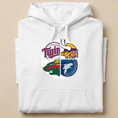 Vector graphic t-shirt displaying Minnesota sports team logos in vibrant colors — printed on a unisex hoodie