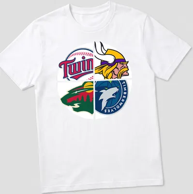 Vector graphic t-shirt displaying Minnesota sports team logos in vibrant colors