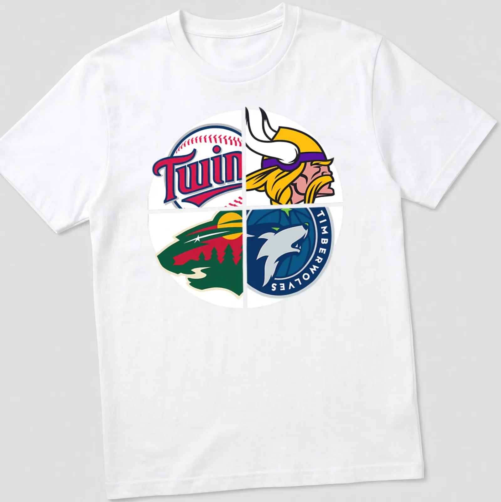 Vector graphic t-shirt displaying Minnesota sports team logos in vibrant colors — printed on a unisex t-shirt