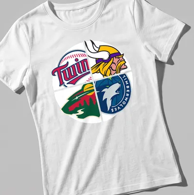 Vector graphic t-shirt displaying Minnesota sports team logos in vibrant colors — printed on a women's shirt