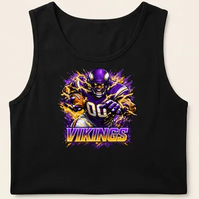 Dynamic T-shirt featuring a Minnesota Vikings football player in action with bold colors. — printed on a tank top