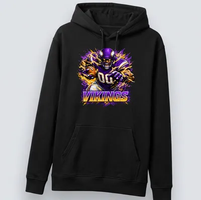 Dynamic T-shirt featuring a Minnesota Vikings football player in action with bold colors. — printed on a unisex hoodie