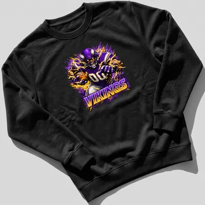 Dynamic T-shirt featuring a Minnesota Vikings football player in action with bold colors. — printed on a unisex sweatshirt