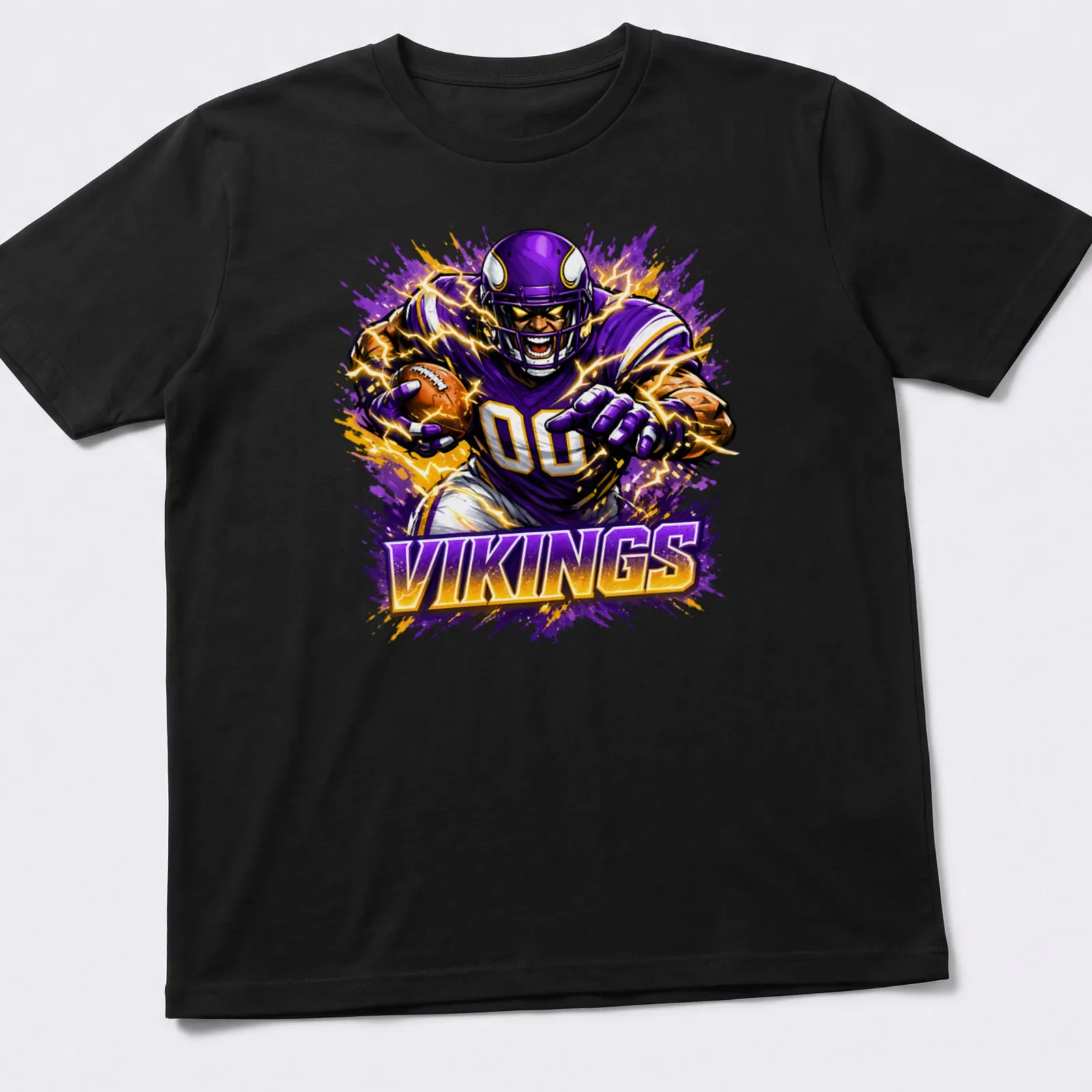 Dynamic T-shirt featuring a Minnesota Vikings football player in action with bold colors. — printed on a unisex t-shirt