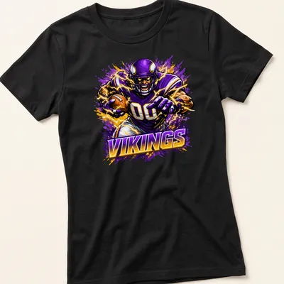 Dynamic T-shirt featuring a Minnesota Vikings football player in action with bold colors. — printed on a women's shirt