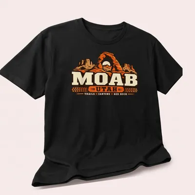 Vintage retro Moab Utah shirt featuring canyons and an arch design — printed on a unisex t-shirt (angled view)