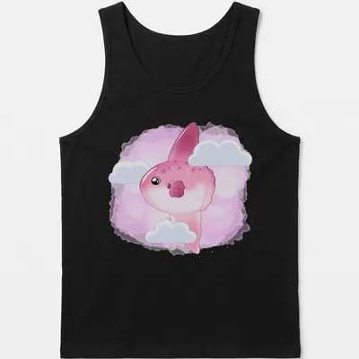 Kawaii Mola Mola fish in clouds with pink, white and light blue colors — printed on a tank top