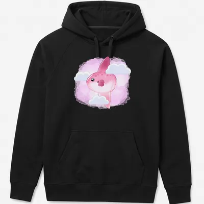 Kawaii Mola Mola fish in clouds with pink, white and light blue colors — printed on a unisex hoodie