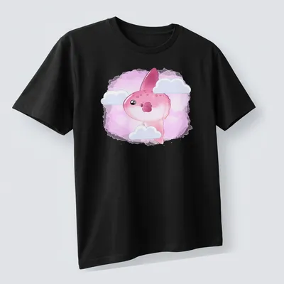 Kawaii Mola Mola fish in clouds with pink, white and light blue colors — printed on a unisex t-shirt (angled view)