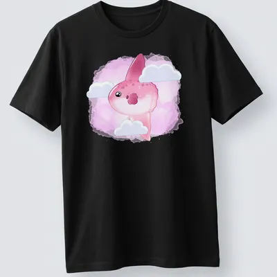 Kawaii Mola Mola fish in clouds with pink, white and light blue colors