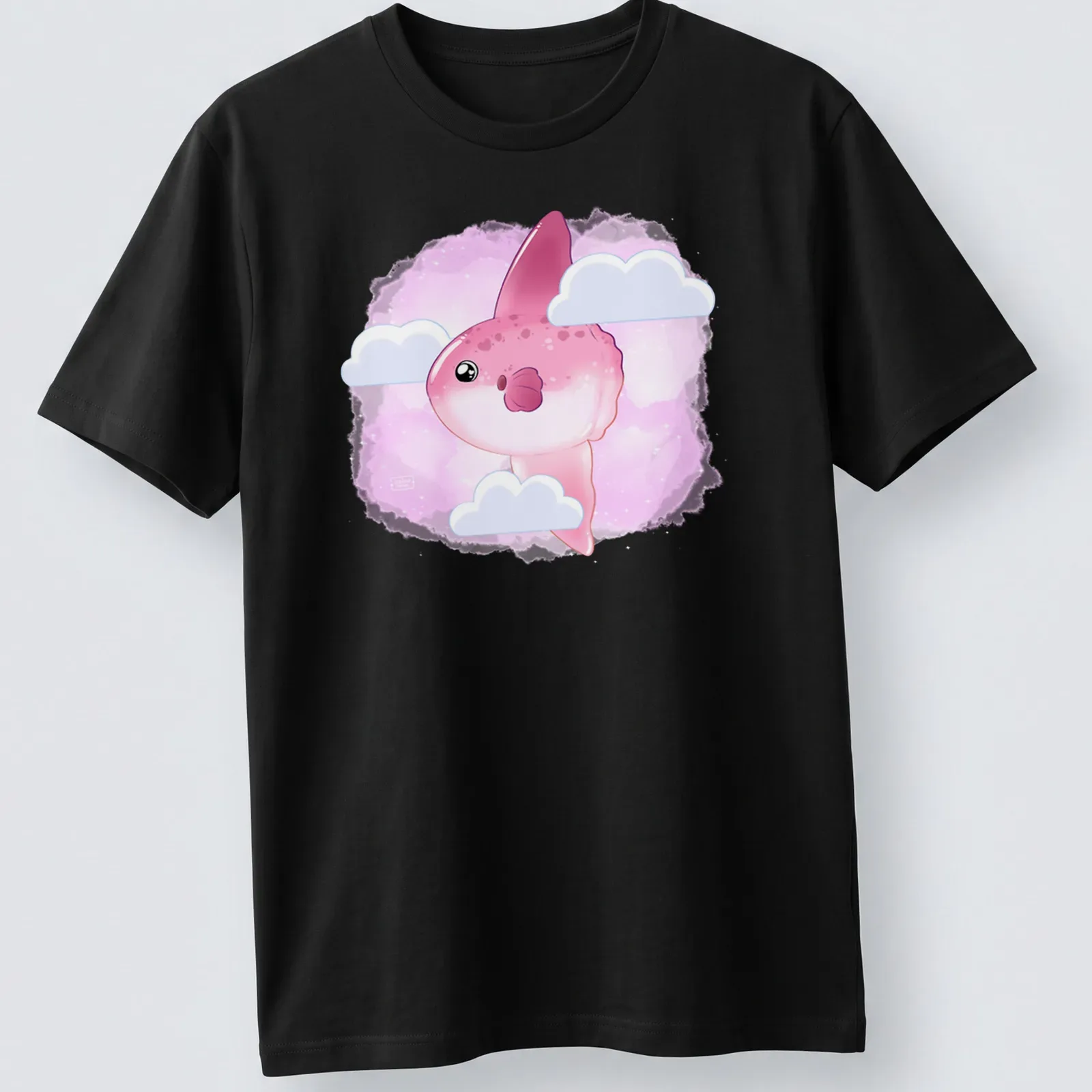Kawaii Mola Mola fish in clouds with pink, white and light blue colors — printed on a unisex t-shirt
