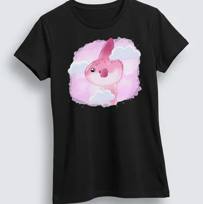 Kawaii Mola Mola fish in clouds with pink, white and light blue colors — printed on a women's shirt