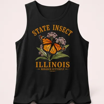 Illustrative Monarch butterfly design with state text on a — printed on a tank top