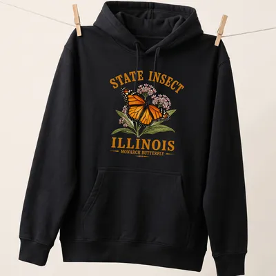 Illustrative Monarch butterfly design with state text on a — printed on a unisex hoodie