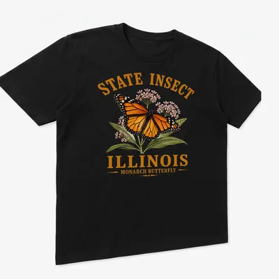 Illustrative Monarch butterfly design with state text on a — printed on a unisex t-shirt (angled view)