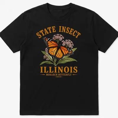 Illustrative Monarch butterfly design with state text on a T-shirt