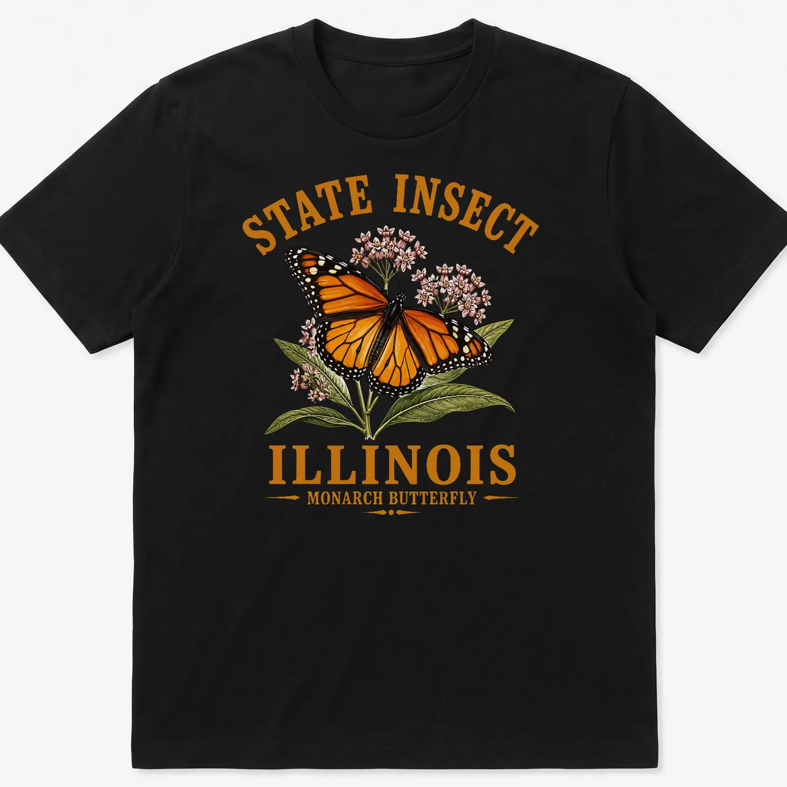 Illustrative Monarch butterfly design with state text on a — printed on a unisex t-shirt