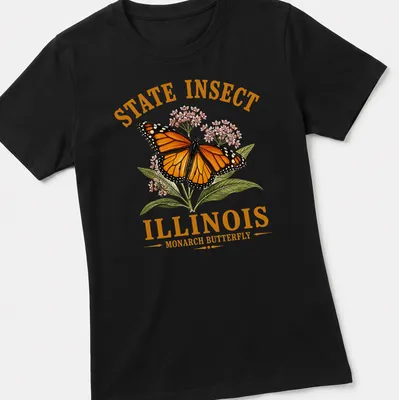 Illustrative Monarch butterfly design with state text on a — printed on a women's shirt