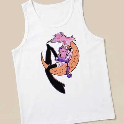 Cartoon style t-shirt featuring cute characters on a crescent moon in pink, orange, black, and purple. — printed on a tank top