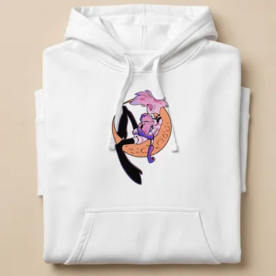 Cartoon style t-shirt featuring cute characters on a crescent moon in pink, orange, black, and purple. — printed on a unisex hoodie