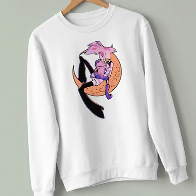 Cartoon style t-shirt featuring cute characters on a crescent moon in pink, orange, black, and purple. — printed on a unisex sweatshirt
