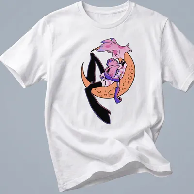 Cartoon style t-shirt featuring cute characters on a crescent moon in pink, orange, black, and purple.