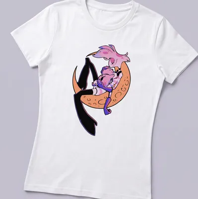 Cartoon style t-shirt featuring cute characters on a crescent moon in pink, orange, black, and purple. — printed on a women's shirt