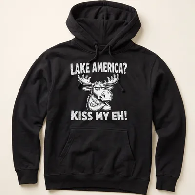 Cartoon moose graphic with the text 'LAKE AMERICA? KISS MY EH!' in black and white — printed on a unisex hoodie