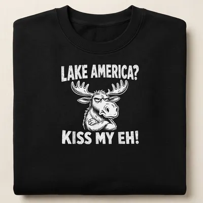 Cartoon moose graphic with the text 'LAKE AMERICA? KISS MY EH!' in black and white — printed on a unisex sweatshirt