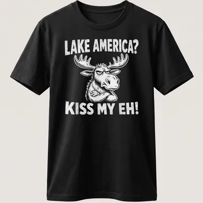 Cartoon moose graphic with the text 'LAKE AMERICA? KISS MY EH!' in black and white