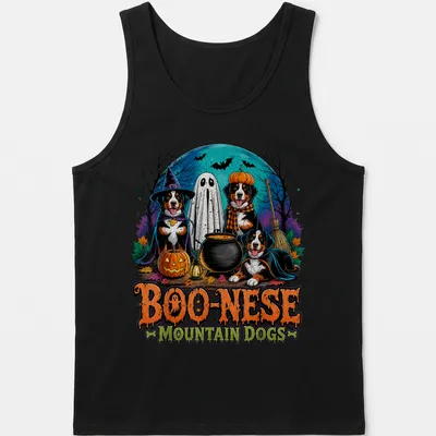 Colorful Halloween illustration of Mountain Dogs in witch costumes with pumpkins — printed on a tank top