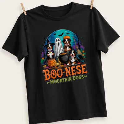 Colorful Halloween illustration of Mountain Dogs in witch costumes with pumpkins
