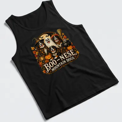 Vintage Halloween design featuring mountain dogs with spooky elements — printed on a tank top