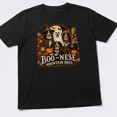 Vintage Halloween design featuring mountain dogs with spooky elements