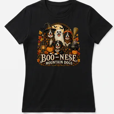 Vintage Halloween design featuring mountain dogs with spooky elements — printed on a women's shirt